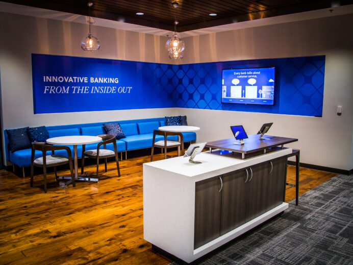 Inside Origin Bank's retail bank branch consultative space